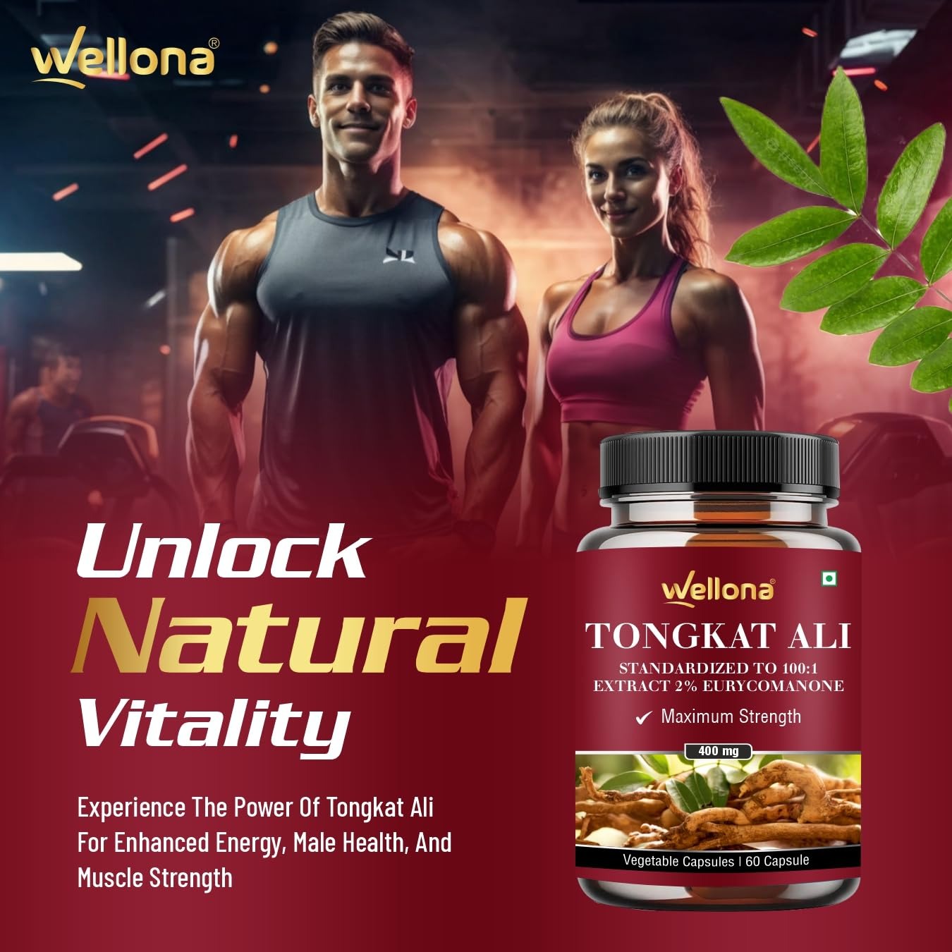 Wellona Tongkat Ali Longjack Root Extract Herbal Supplement For Men - 60 caps Each (Pack of 2)