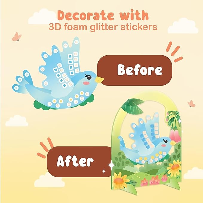 Binca Foam Sticker Mosaic Art Activity, 750+ 3D Glitter Foam Stickers, 5 Garden Animals with Display Arch for Boys & Girls Ages 5,6,7,8