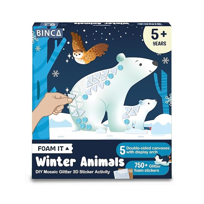 Binca Foam Sticker Mosaic Art Activity, 750+ 3D Glitter Foam Stickers 5 Winter Animals with Display Arch for Boys & Girls Ages 5,6,7,8
