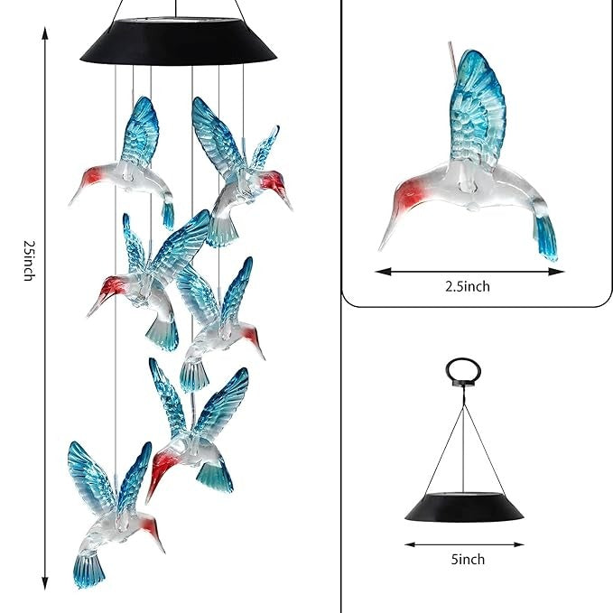 HiSolar Hummingbird Solar Wind Chimes Color Changing Solar Mobile Lights Color Blue