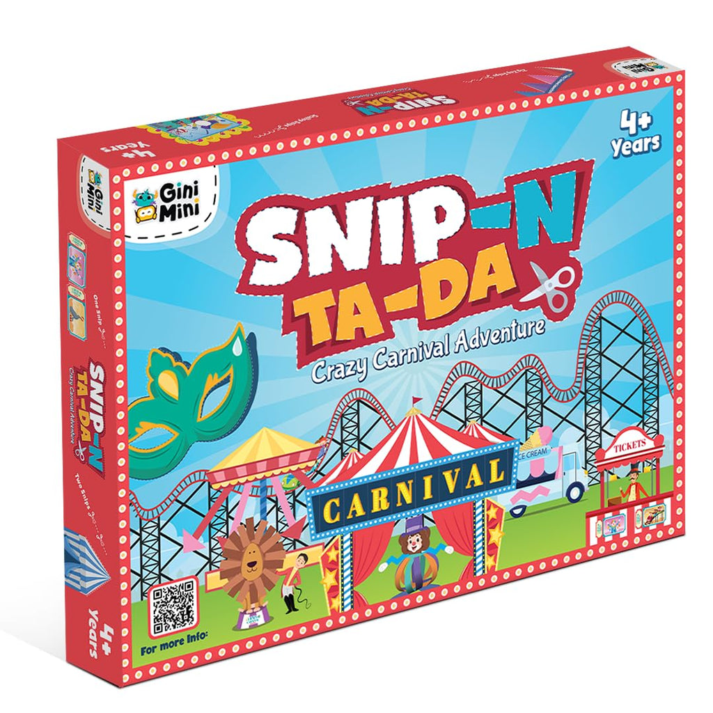 GiniMini Snip 'N' Ta-Da-Crazy Carnival – Scissor Activity Kit for Kids 4 5 6 7 Fine Motor Development, Pre-Printed Craft Sheets, Child-Safe Snip Scissors DIY Carnival Crafts Fun Learning Gift