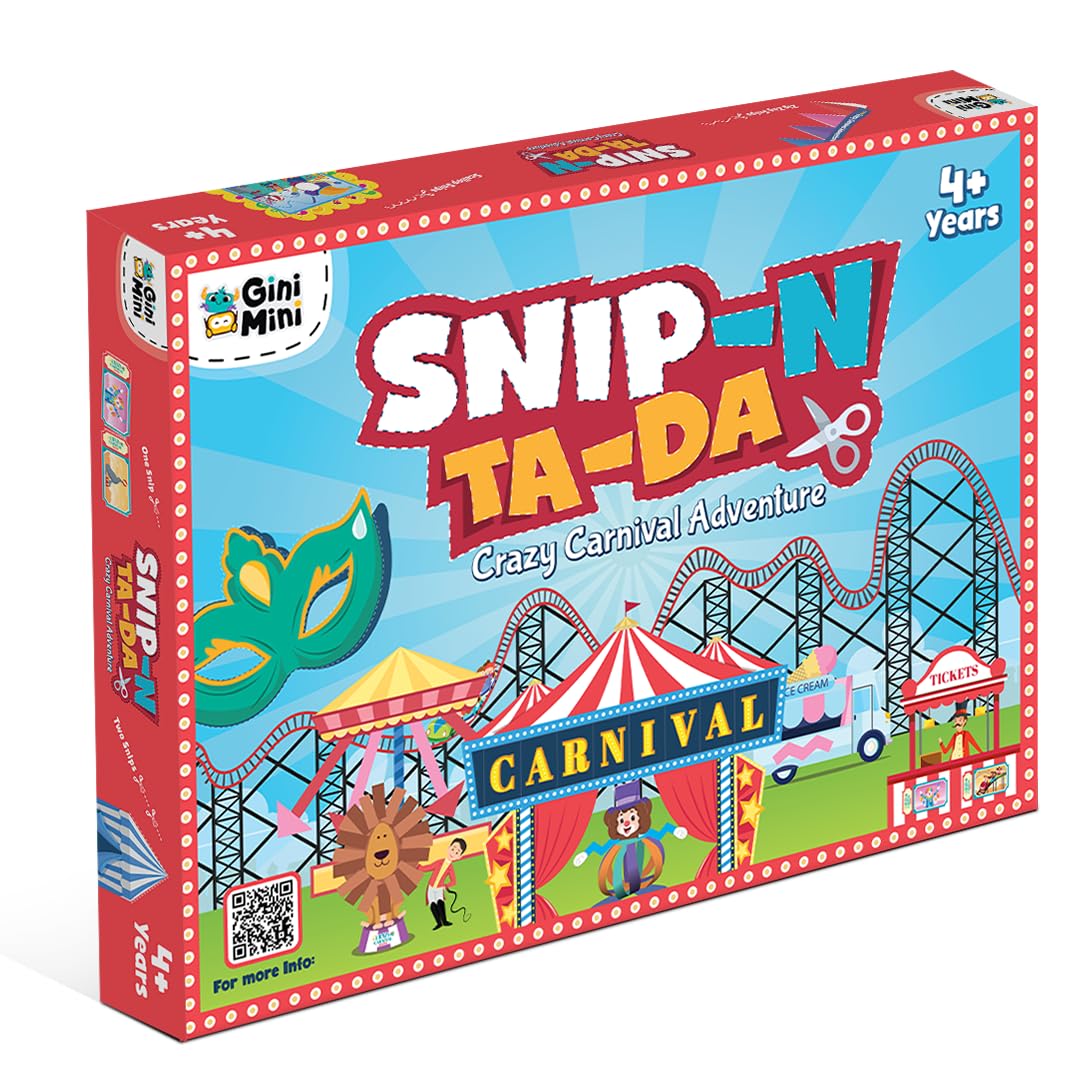 GiniMini Snip 'N' Ta-Da-Crazy Carnival – Scissor Activity Kit for Kids 4 5 6 7 Fine Motor Development, Pre-Printed Craft Sheets, Child-Safe Snip Scissors DIY Carnival Crafts Fun Learning Gift