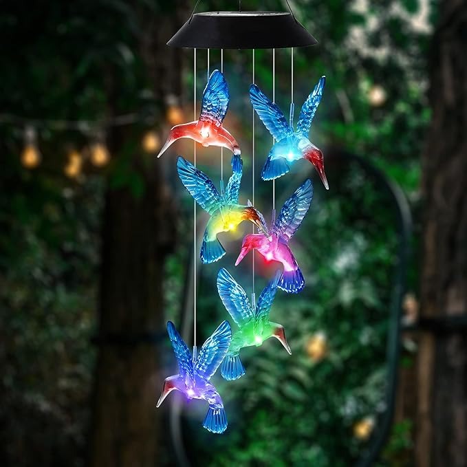 HiSolar Hummingbird Solar Wind Chimes Color Changing Solar Mobile Lights Color Blue