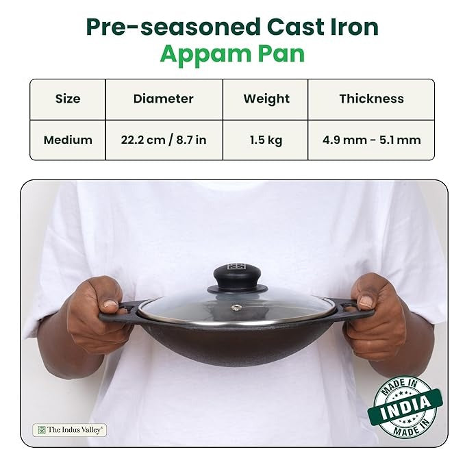 The Indus Valley Pre-seasoned Cast Iron Appam Pan With Glass Lid 22.2 Cm/8.7 Inch Nonstick Appam Pan