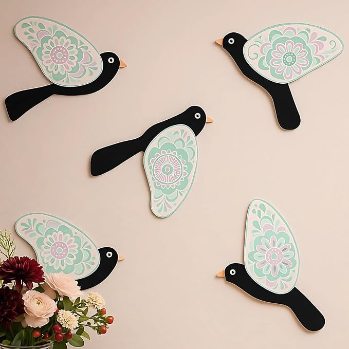 GiftOday Wooden 3D 5 Pieces Birds for Wall Art Panel  Wood Bird Folk Art Wall Hanging Style 7