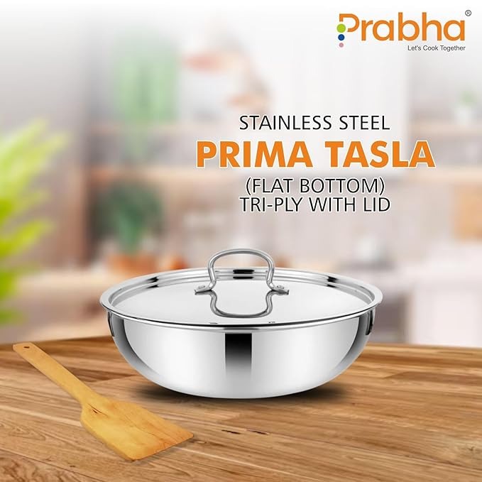 Prabha Stainless Steel Prima Tasla with Flat Bottom Included Lid