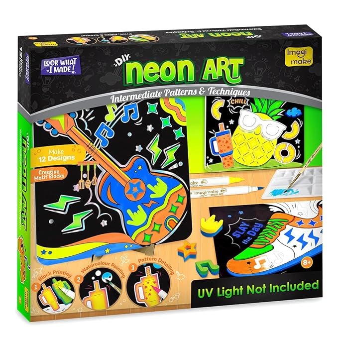 Imagimake DIY Neon Art Kit Painting & Coloring Kit with Neon Brush Pens & Stamps
