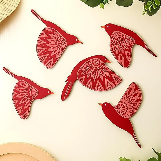 GiftOday Wooden 3D 5 Pieces Birds for Wall Art Panel  Wood Bird Folk Art Wall Hanging Style 2