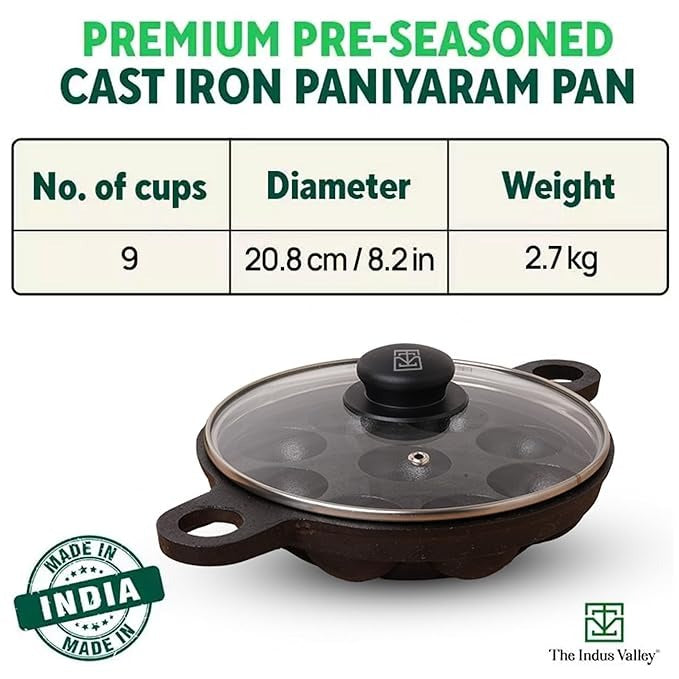 The Indus Valley Super Smooth Cast Iron Paniyaram Pan with Glass Lid | 9 Pit | 20.8cm/8.2inch | 2.7kg | Gas Compatible