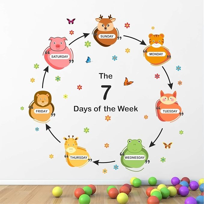 StickMe 7 Days of The Week Cute Animals Baby Kids Learning Education Creative Colorful Wall Sticker -Sm703