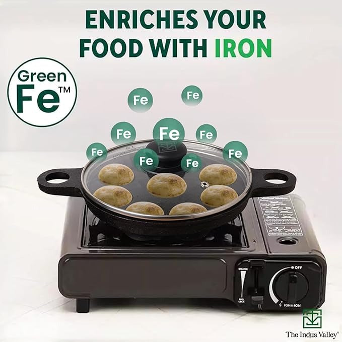 The Indus Valley Super Smooth Cast Iron Paniyaram Pan with Glass Lid | 9 Pit | 20.8cm/8.2inch | 2.7kg | Gas Compatible