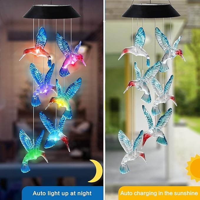 HiSolar Hummingbird Solar Wind Chimes Color Changing Solar Mobile Lights Color Blue