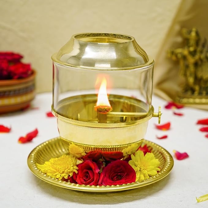 Ekhasa Pure Brass Akhand Jyot Diya with Adjustable Bati Knob Wick Lifting Screw Lever Glass Cover  Large with Plate