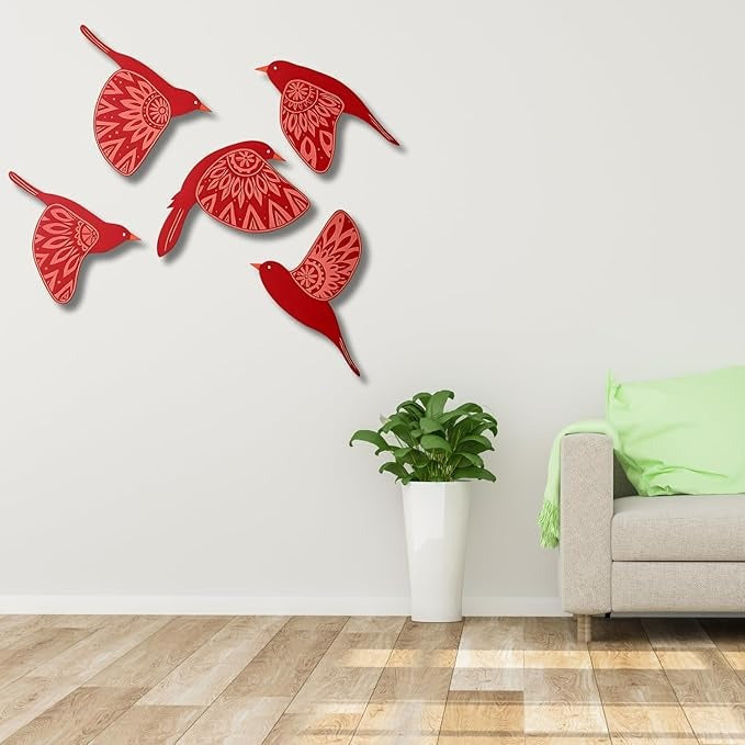 GiftOday Wooden 3D 5 Pieces Birds for Wall Art Panel  Wood Bird Folk Art Wall Hanging Style 2