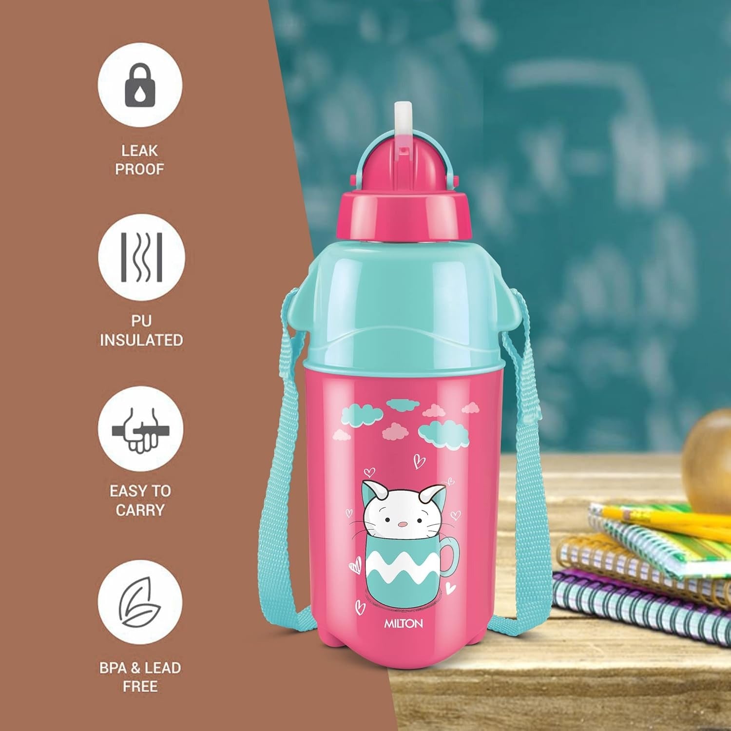 Milton Kool Trendy Plastic Insulated Water Bottle with Straw for Kids 370ml
