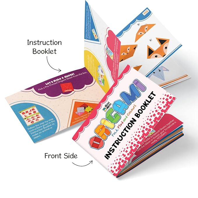 GiniMini Origami DIY Craft Kit for Kids 4+ 20-Sheet Fold Find & Colour Set with Riddle Scrapbook & Crayons Creativity & Motor Skills Builder Ideal Diwali Gift for Children