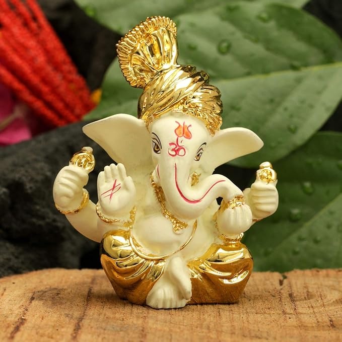 Ganesha Idol Terracotta Gold Plated Ganesh Statue Golden 8x6cm Type 4
