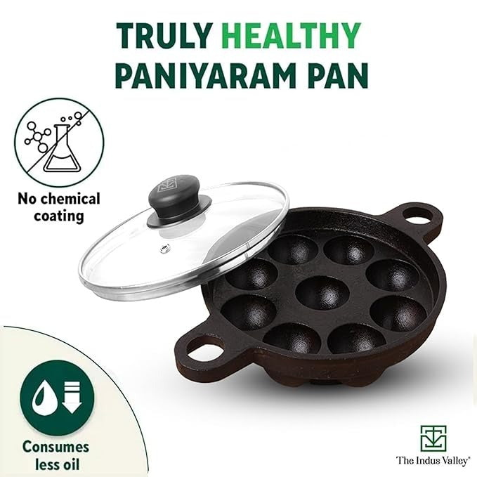 The Indus Valley Super Smooth Cast Iron Paniyaram Pan with Glass Lid | 9 Pit | 20.8cm/8.2inch | 2.7kg | Gas Compatible