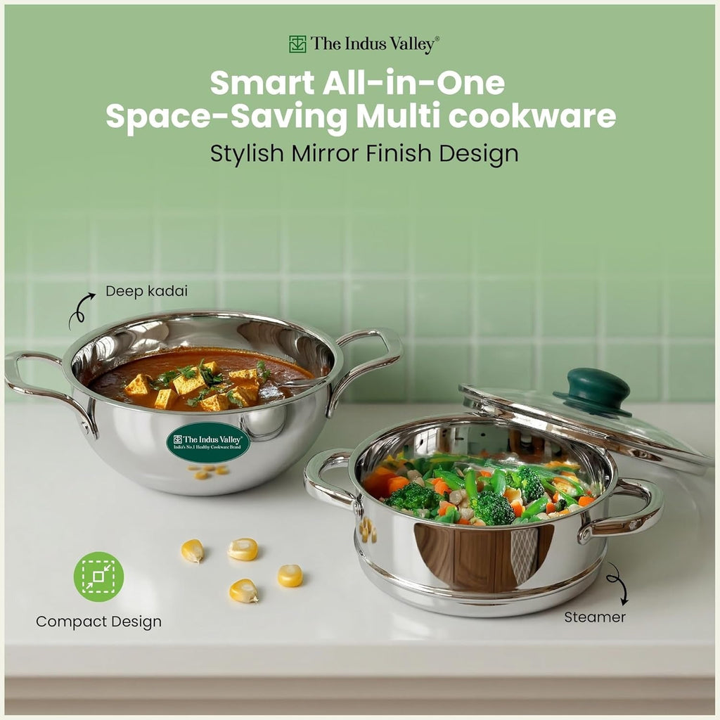 The Indus Valley Triply Stainless Steel Deep Kadai Steamer with Glass Lid 20cm