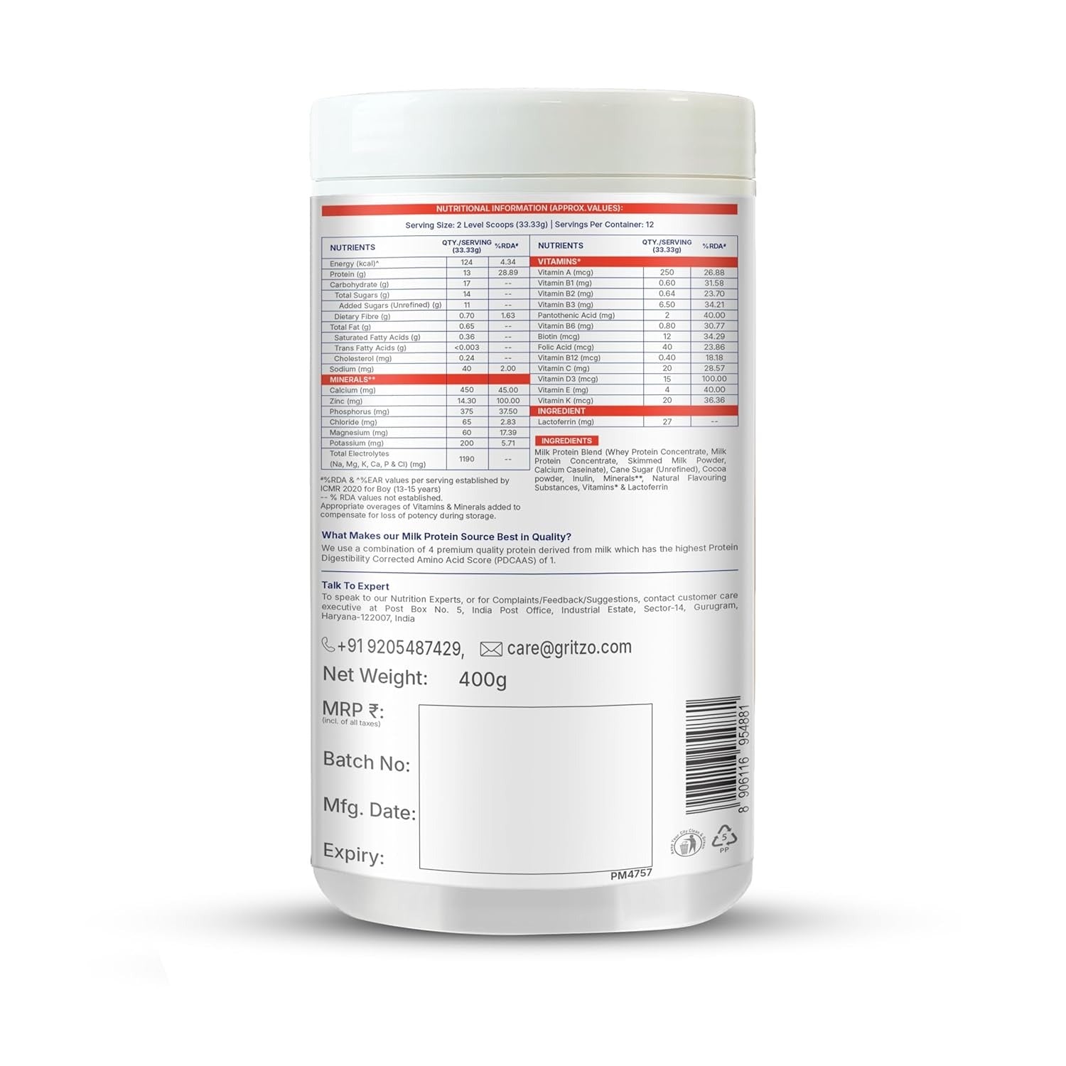 Gritzo SuperMilk Height+ (13+y Boys) 13g Protein Powder Double Chocolate - 400 gms