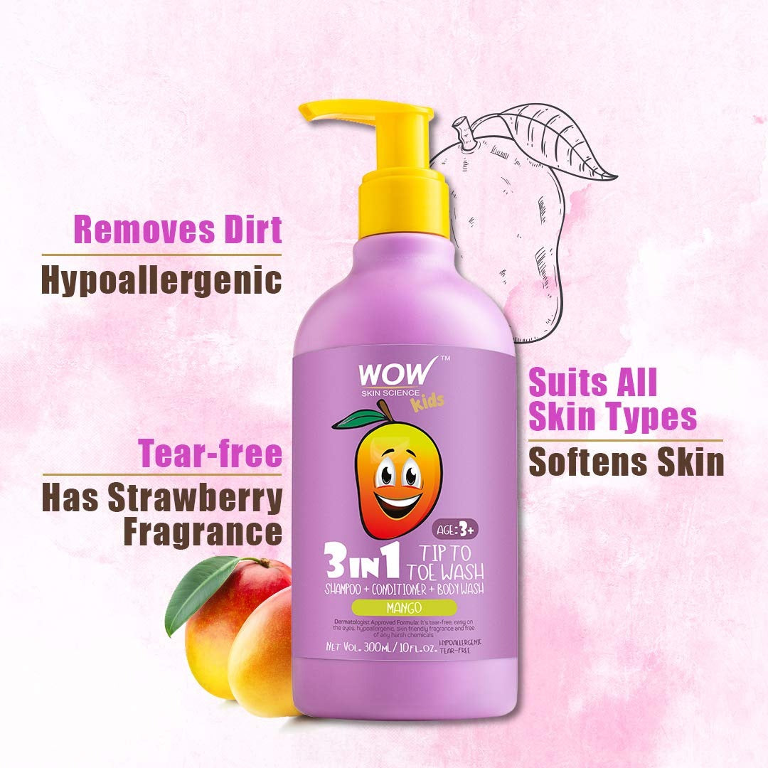 Wow Skin Science Kids Tip To Toe Wash Shampoo & Conditioner & Body Wash (Mango) - 300 ml