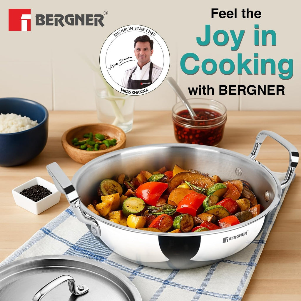 Bergner Tripro Triply 30 Cm Deep Kadai | 6 L Capacity | Stainless Steel Lid | Wide Grip Handles