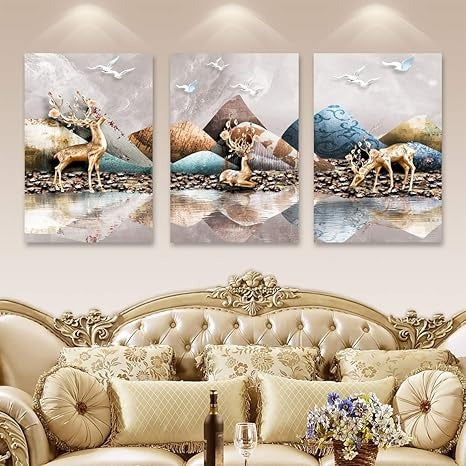 Rangoli CD-1253 Wood Animals Three Deer Painting Multicolour Abstract 12 x 18 Inch Design Code-1253
