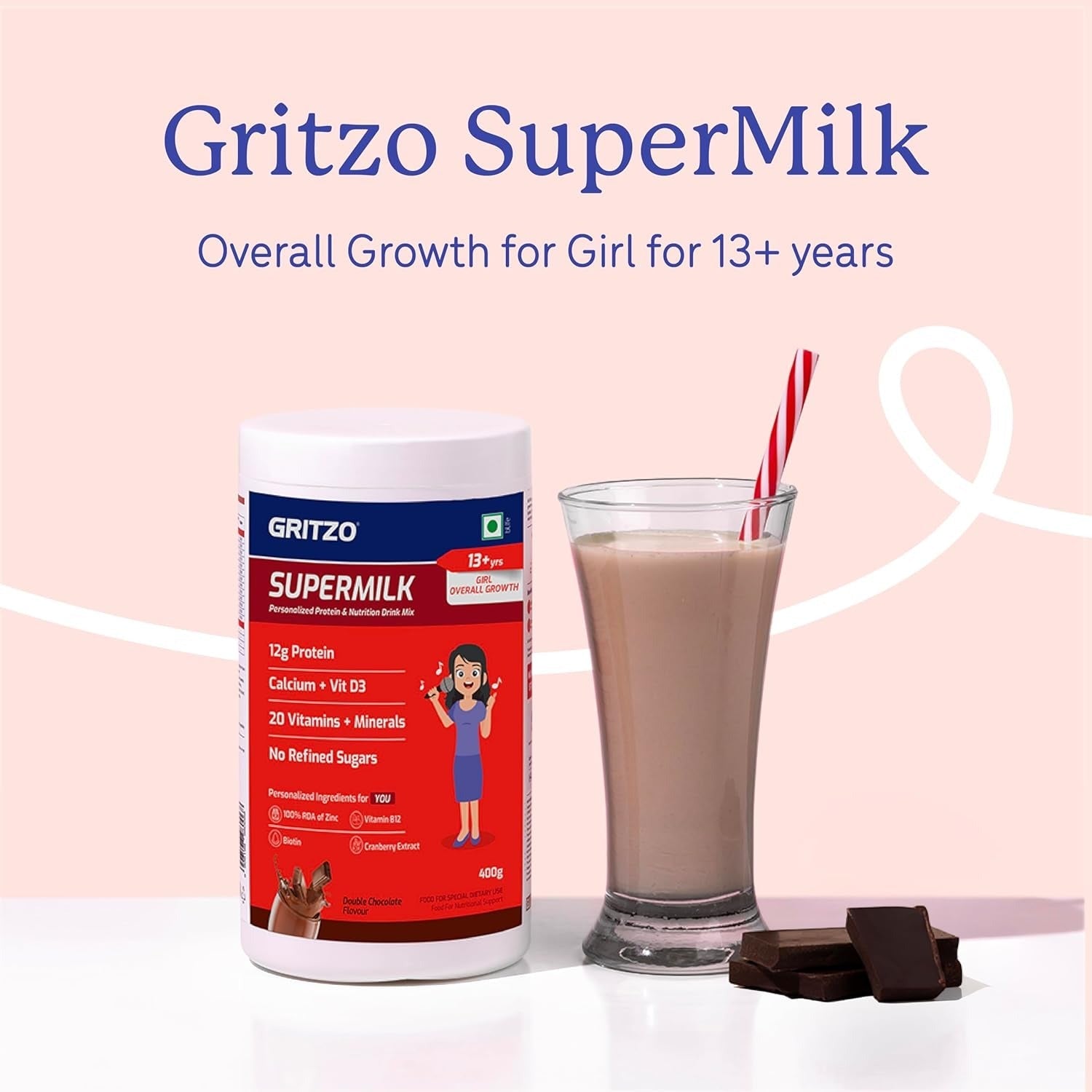 Gritzo SuperMilk Overall Growth (13+y Girls) 12g Protein Powder Double Chocolate - 400 gms