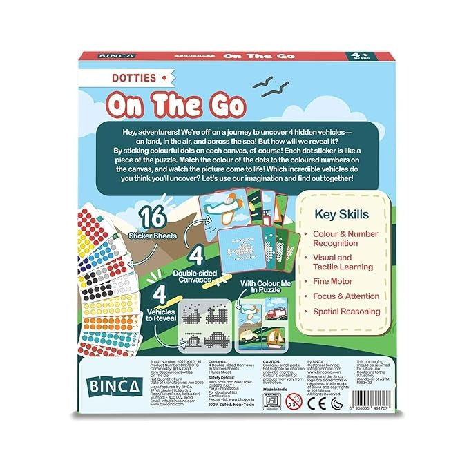 BINCA Dotties Dot Art Activity Kit On the Go 750+ Stickers, Vehicles DIY Dot Sticker Art for Ages 4,5,6,7