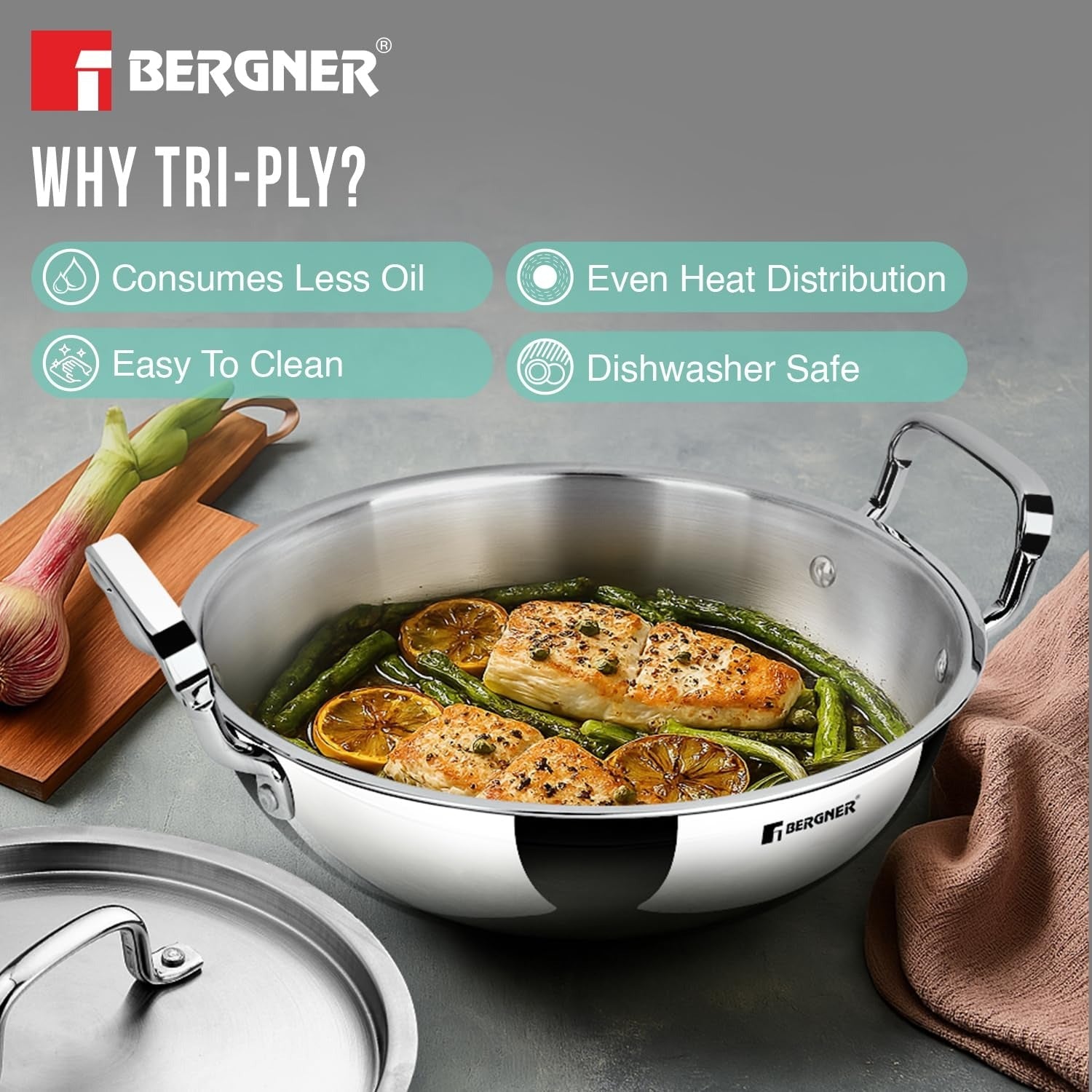 Bergner Tripro Triply 30 Cm Deep Kadai | 6 L Capacity | Stainless Steel Lid | Wide Grip Handles