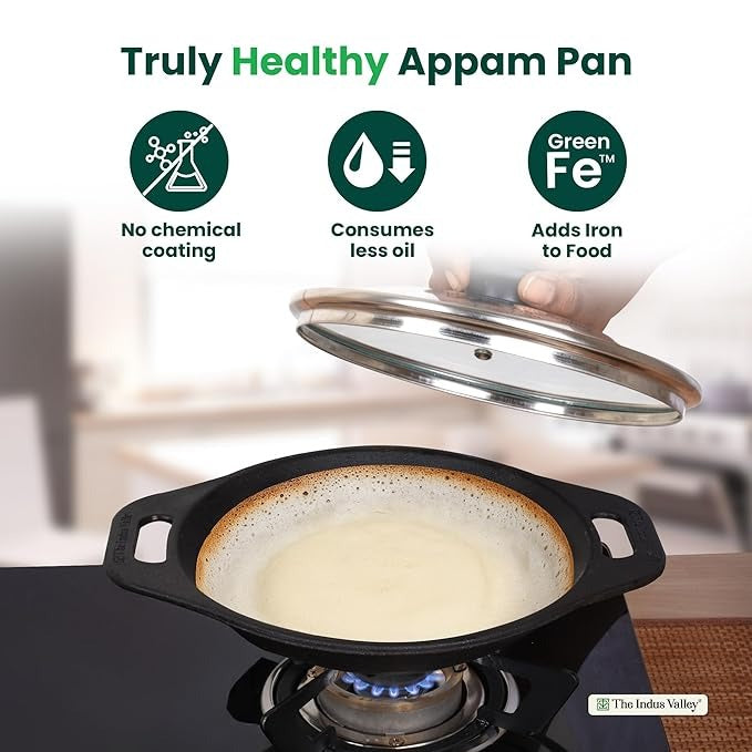 The Indus Valley Pre-seasoned Cast Iron Appam Pan With Glass Lid 22.2 Cm/8.7 Inch Nonstick Appam Pan