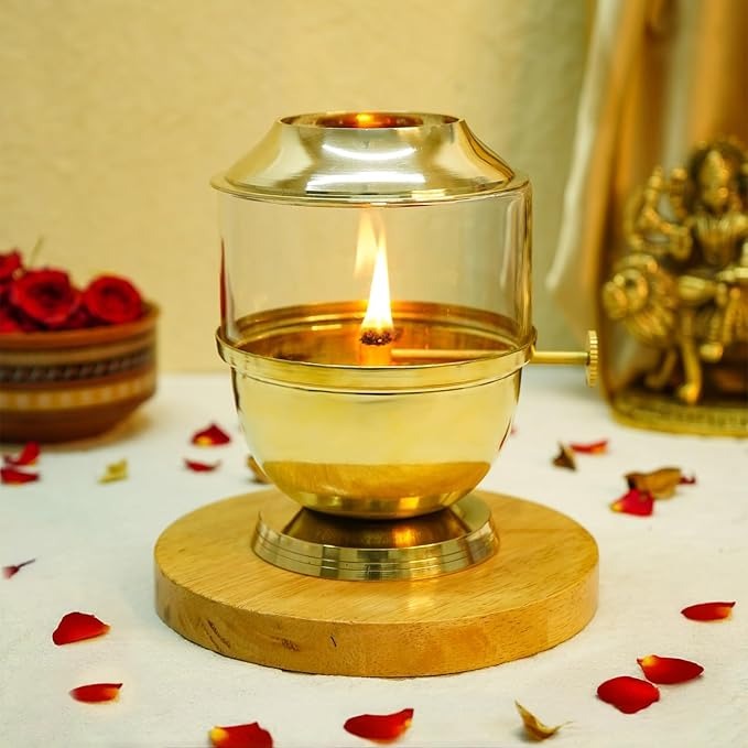 Ekhasa Pure Brass Akhand Jyot Diya with Adjustable Bati Knob Wick Lifting Screw Lever Glass Cover Large