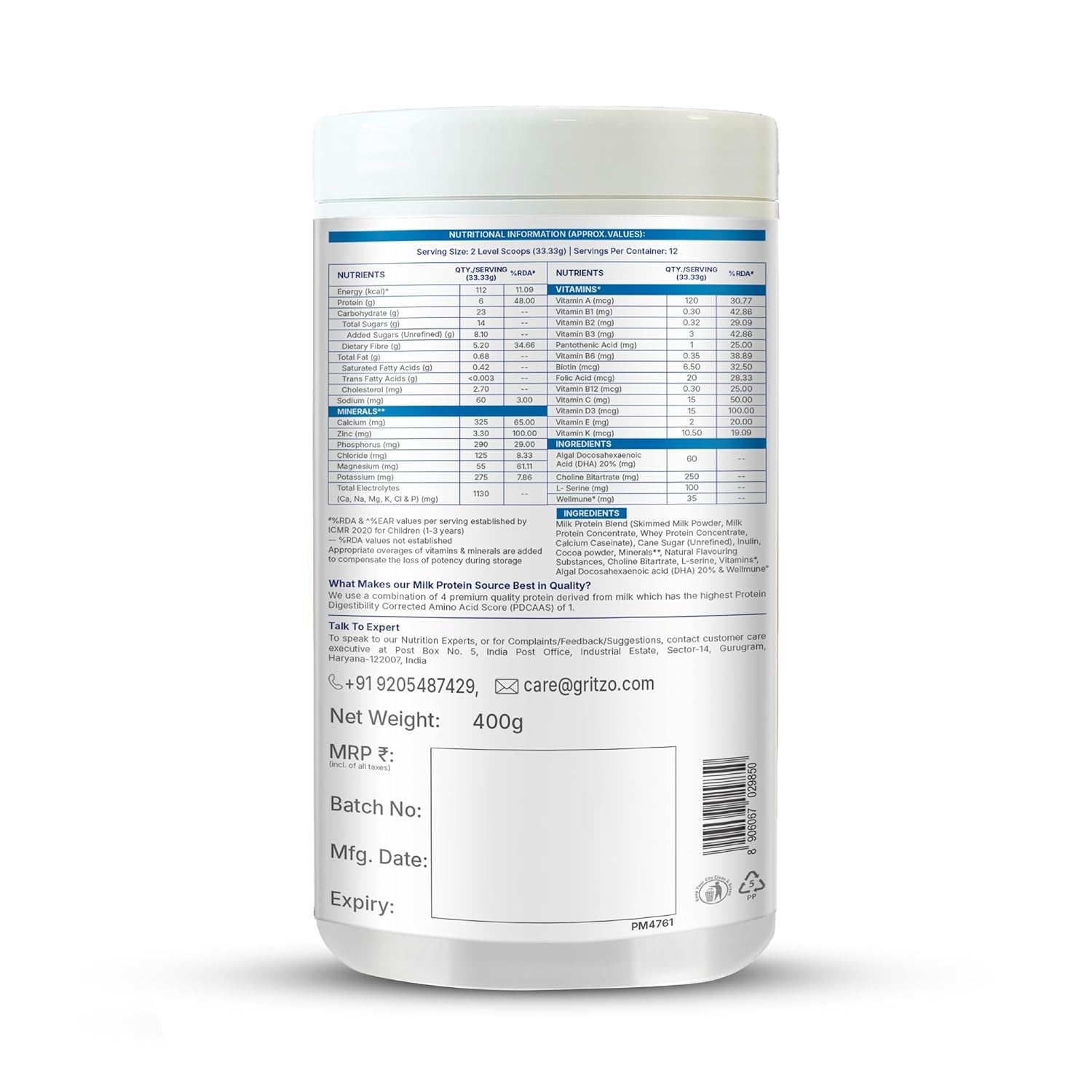 Gritzo SuperMilk Daily Nutrition (2-6y) 6g Protein Powder Double Chocolate - 1000 gms