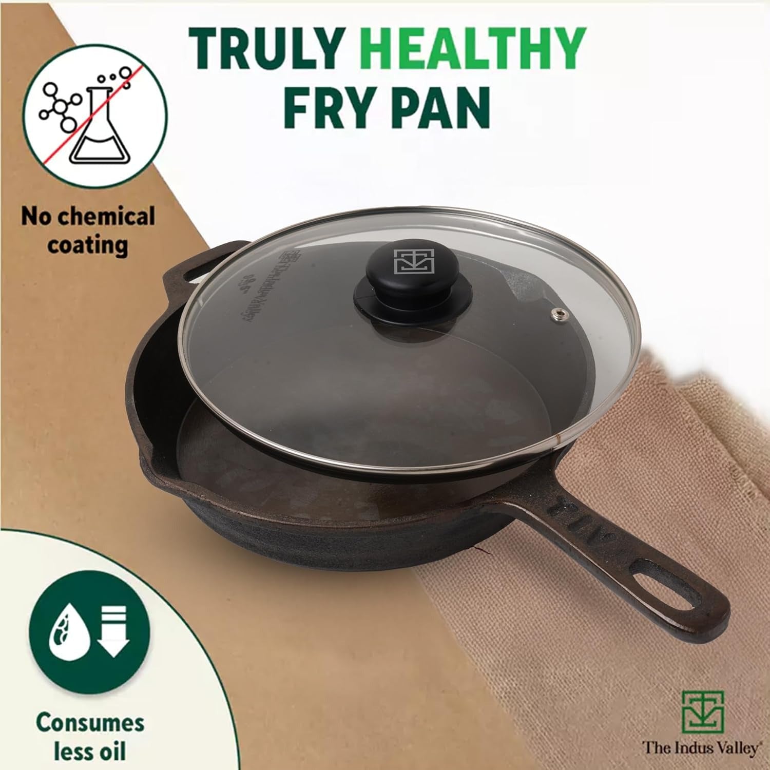 The Indus Valley Super Smooth Cast Iron Fry Pan with Glass Lid