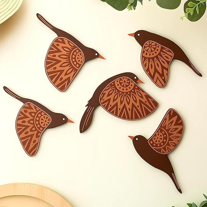 GiftOday Wooden 3D 5 Pieces Birds for Wall Art Panel  Wood Bird Folk Art Wall Hanging Style 3