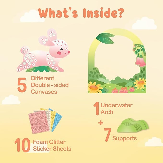 Binca Foam Sticker Mosaic Art Activity, 750+ 3D Glitter Foam Stickers, 5 Garden Animals with Display Arch for Boys & Girls Ages 5,6,7,8