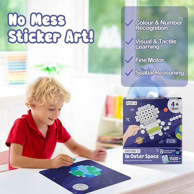 Binca Dotties Dot Art Activity Kit Space 1500+ Stickers Mess-Free Activities, DIY Dot Sticker Art Ages 4,5,6,7