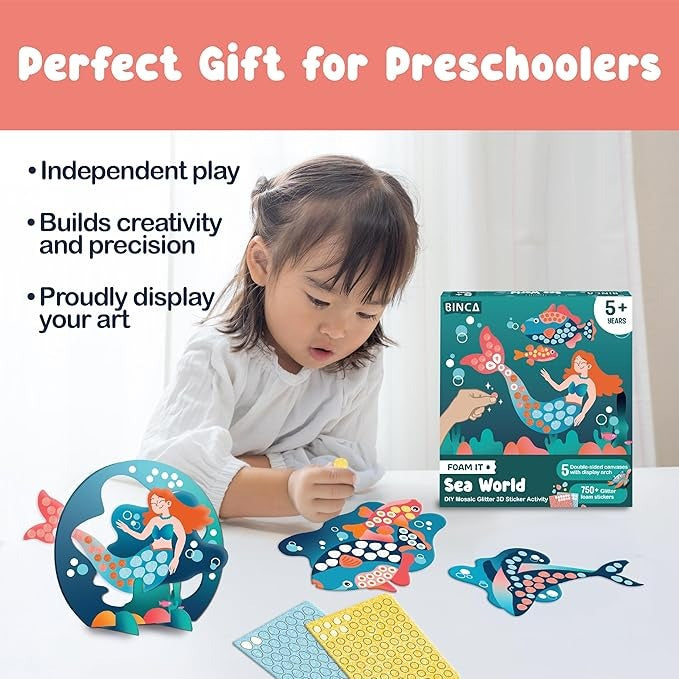 Binca Foam Sticker Mosaic Art Activity 750+ 3D Glitter Foam Stickers 5 Underwater Animals with Display Arch DIY Ages 5,6,7,8
