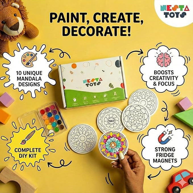 Nesta Toys Diy Mandala Art Magnets  Mandala Art Kit for Girls & Boys Coloring & Painting Art Kit Set with Colour Pencils Gifts for Kids Ages 6, 7, 8, 9, 10, 11, 12 Years