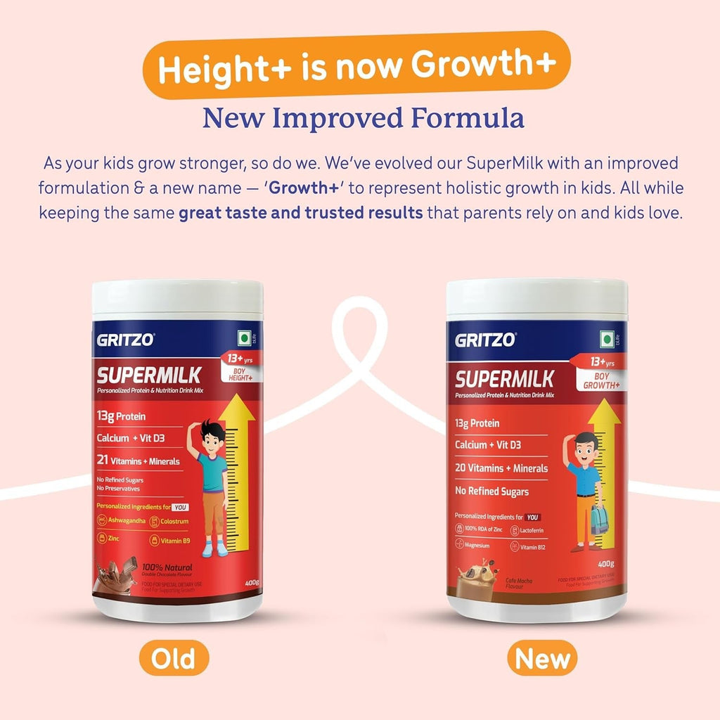 Gritzo SuperMilk Height+ (13+y Boys) 13g Protein Powder Double Chocolate - 400 gms
