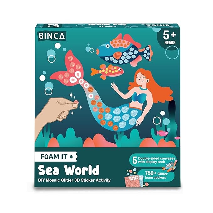 Binca Foam Sticker Mosaic Art Activity 750+ 3D Glitter Foam Stickers 5 Underwater Animals with Display Arch DIY Ages 5,6,7,8