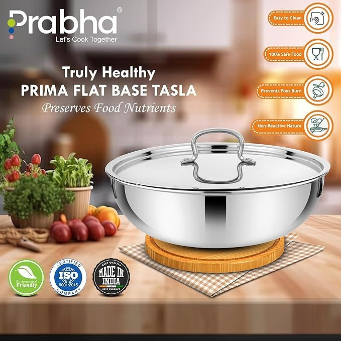 Prabha Stainless Steel Prima Tasla with Flat Bottom Included Lid