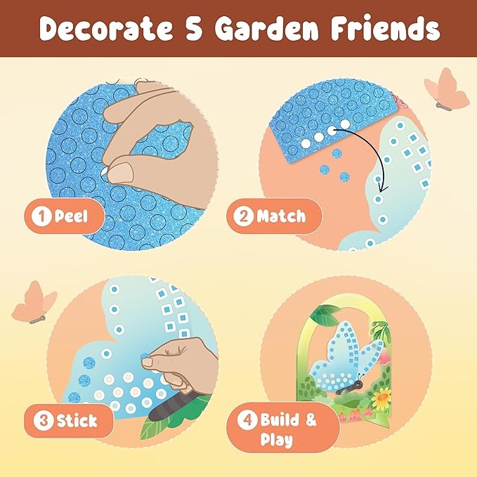 Binca Foam Sticker Mosaic Art Activity, 750+ 3D Glitter Foam Stickers, 5 Garden Animals with Display Arch for Boys & Girls Ages 5,6,7,8