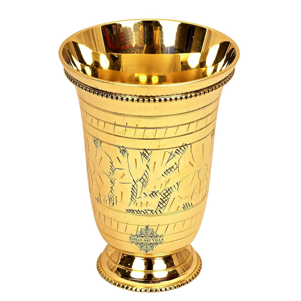 Indian Art Villa Pure Brass Glass Tumbler With Mughlai Etched Design - 250 gms