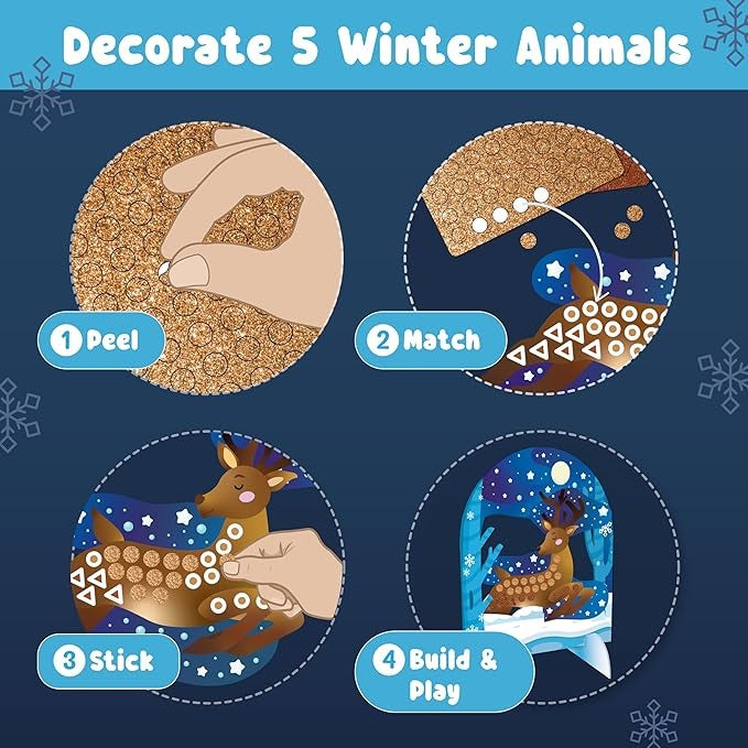 Binca Foam Sticker Mosaic Art Activity, 750+ 3D Glitter Foam Stickers 5 Winter Animals with Display Arch for Boys & Girls Ages 5,6,7,8