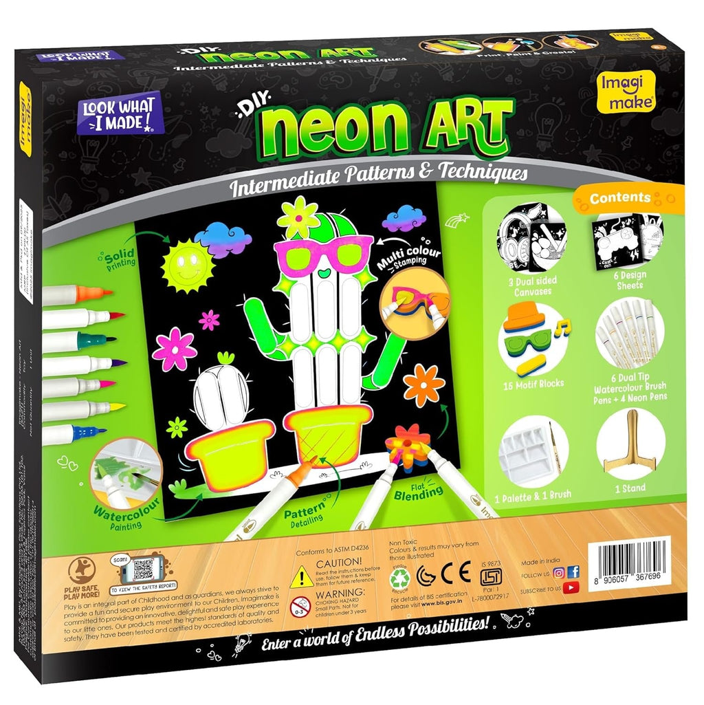 Imagimake DIY Neon Art Kit Painting & Coloring Kit with Neon Brush Pens & Stamps