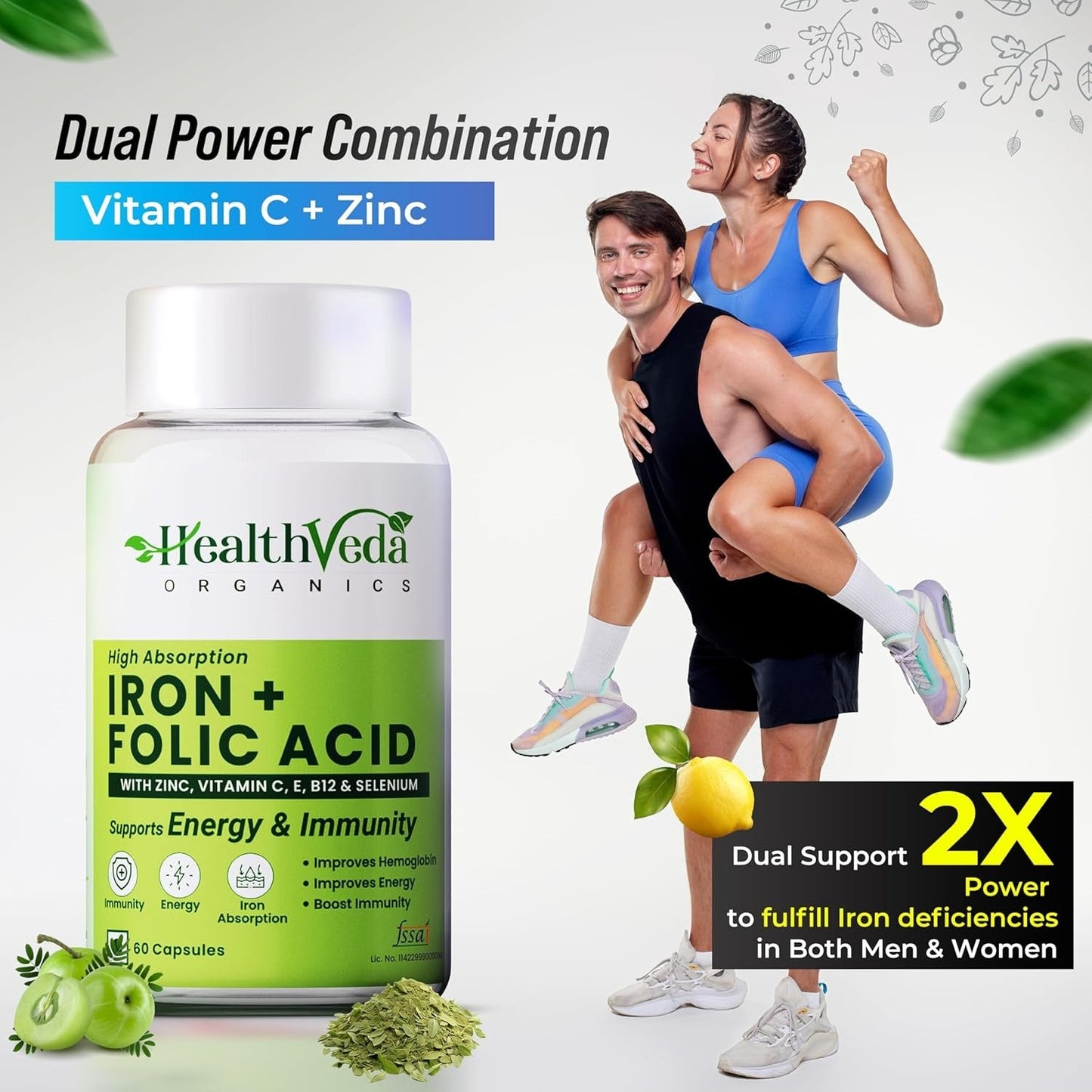 Health Veda Organics Iron + Folic Acid Supplement - 60 tabs