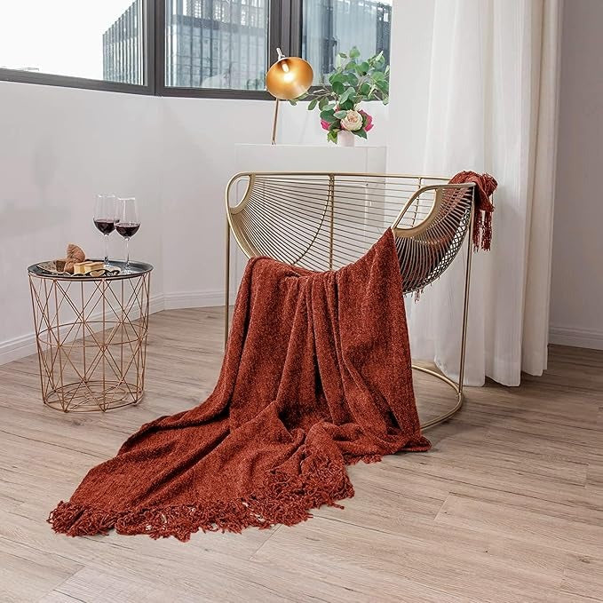 Cazimo Soft Chenille Premium Throw Blanket with Tassel Fringe Fade Resistant All Seasons Ultra