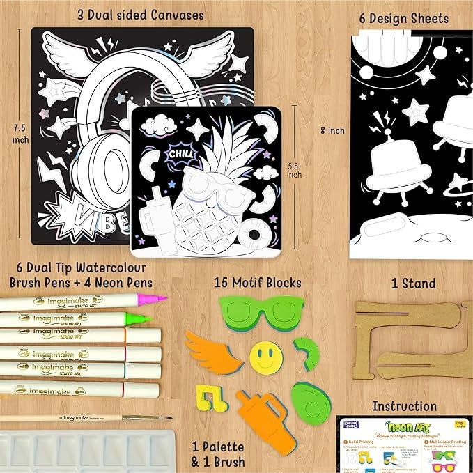 Imagimake DIY Neon Art Kit Painting & Coloring Kit with Neon Brush Pens & Stamps