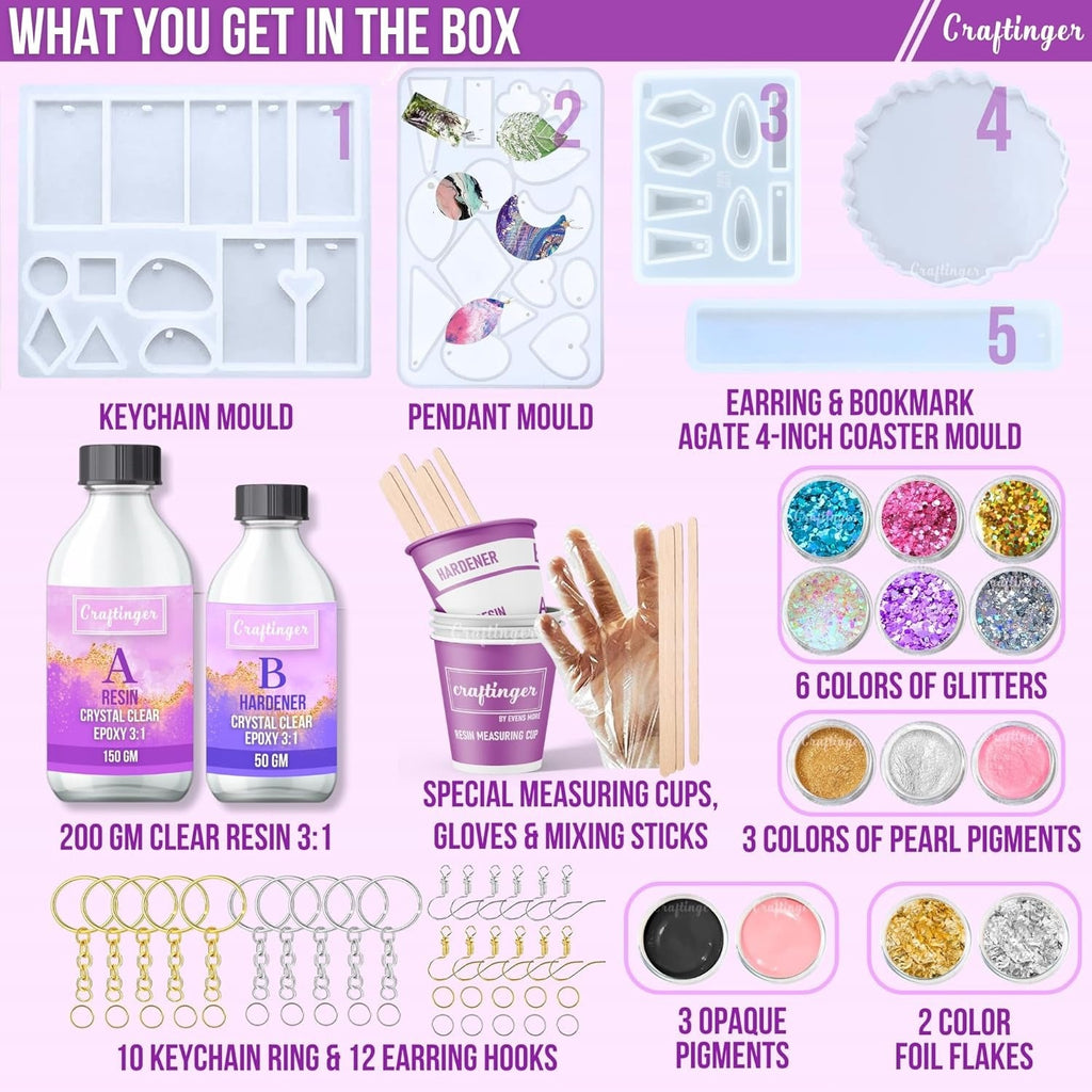 Craftinger Upgraded All in One Kit With 200gm Resin for Pendant Earring Keychain & Coaster